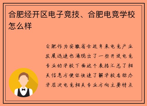 合肥经开区电子竞技、合肥电竞学校怎么样